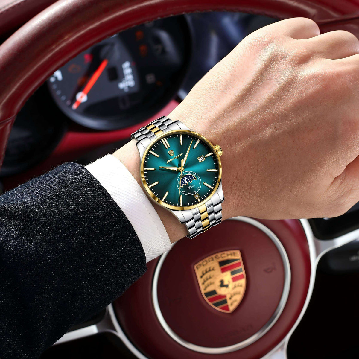 Poedagar Luxury Moon Phase Business Mens Watch