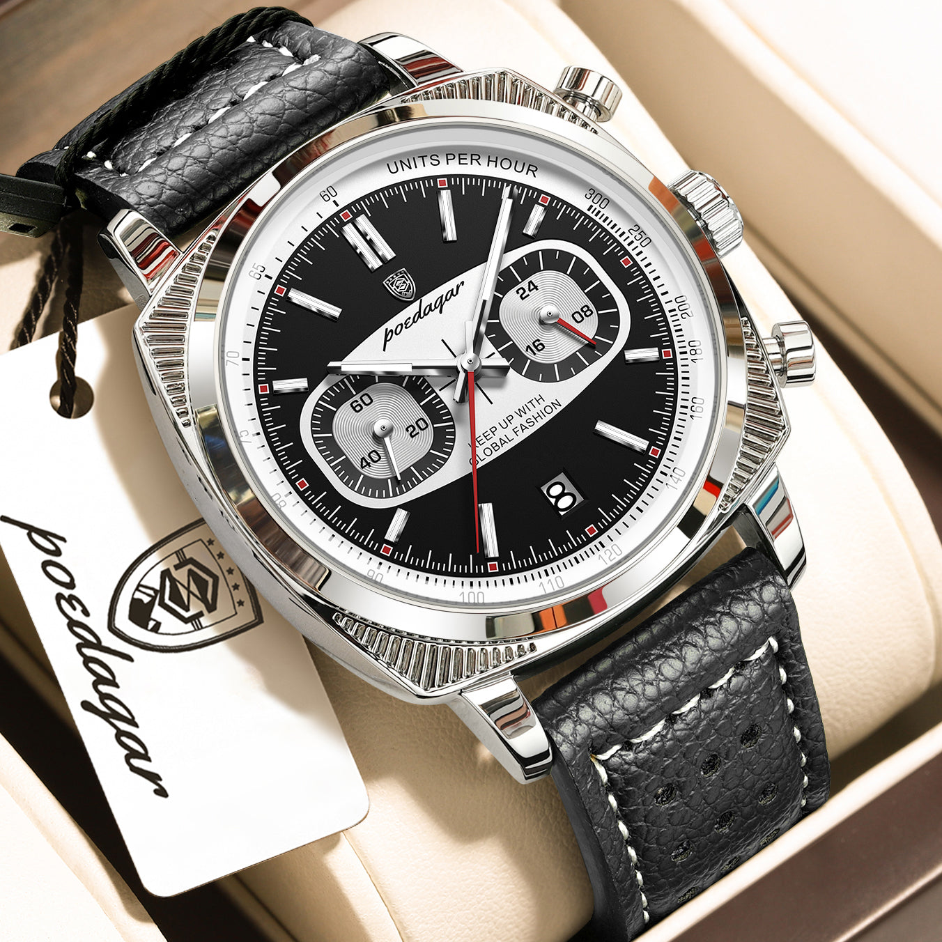 Poedagar Leather Strap Chronograph Men Watch