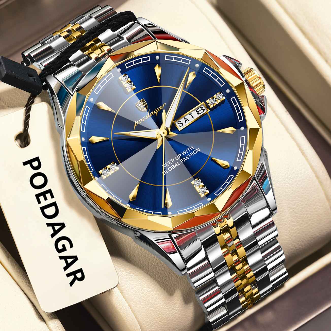 Poedagar Diamond Dial Calendar Display Men Wristwatch