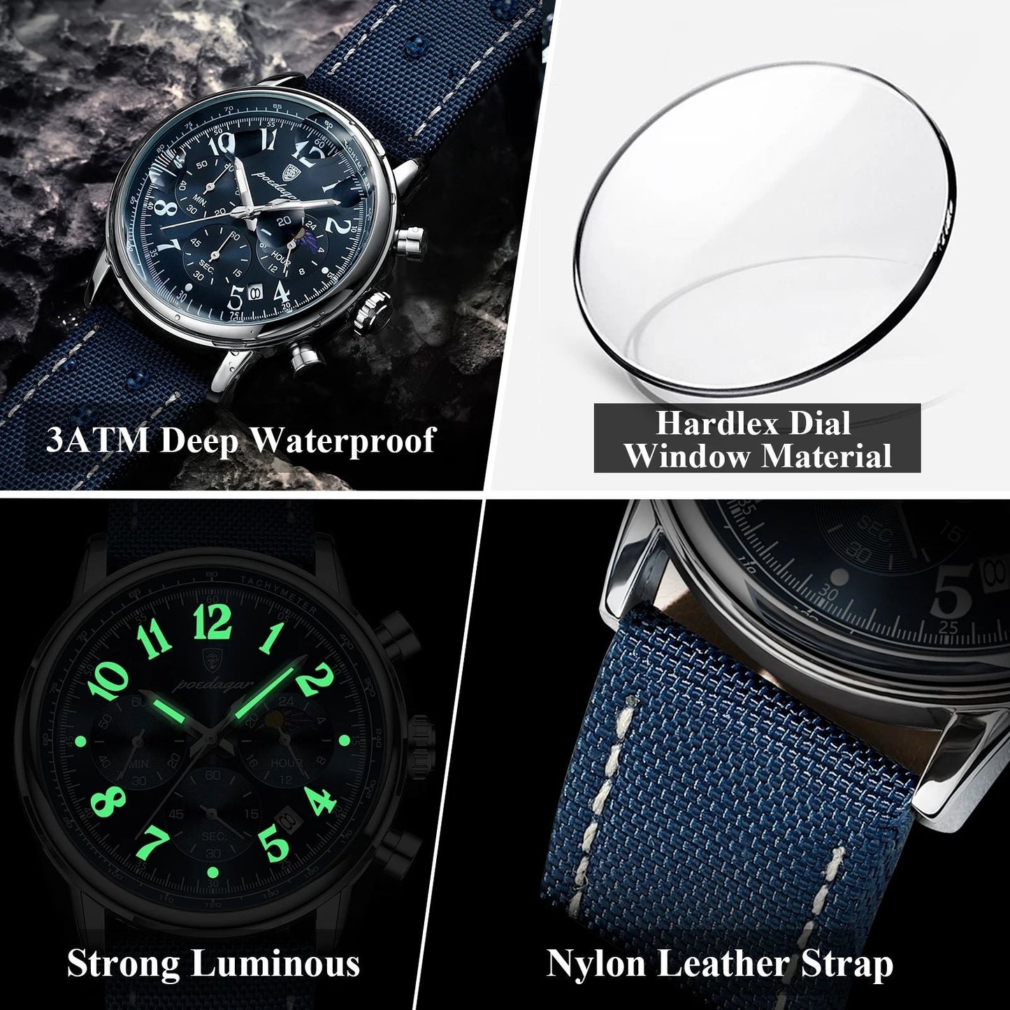 Poedagar Luxury Nylon Leather Straps watch