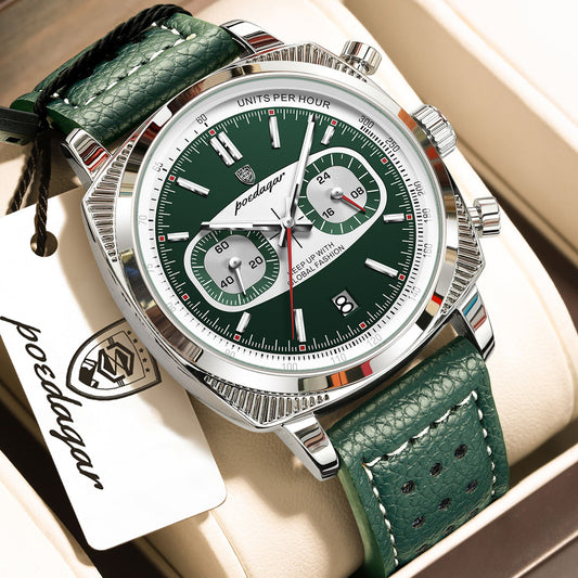 Poedagar Leather Strap Chronograph Men Watch