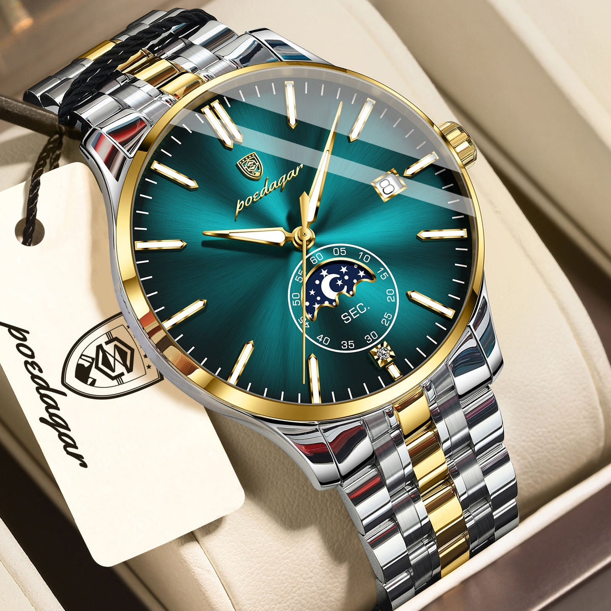 Poedagar Luxury Moon Phase Business Mens Watch