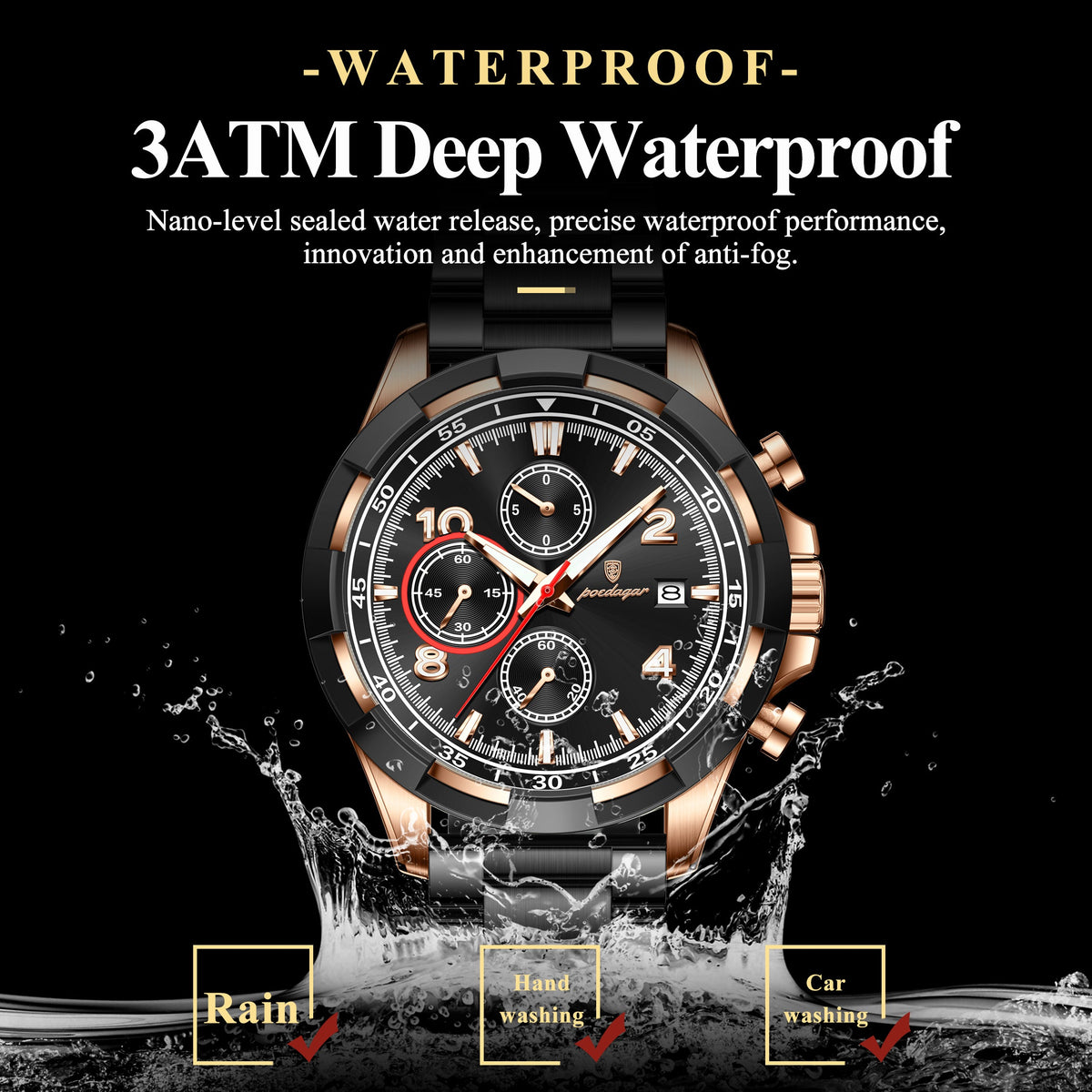 POEDAGAR Luxury Stainless Steel Men's Watch