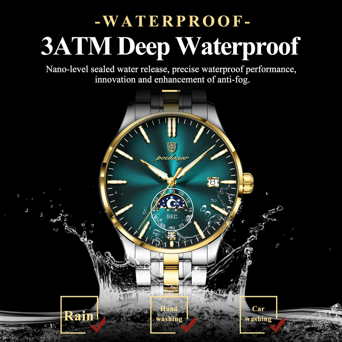 Poedagar Luxury Moon Phase Business Mens Watch