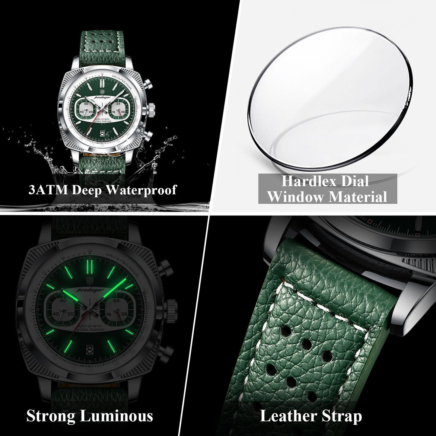 Poedagar Leather Strap Chronograph Men Watch