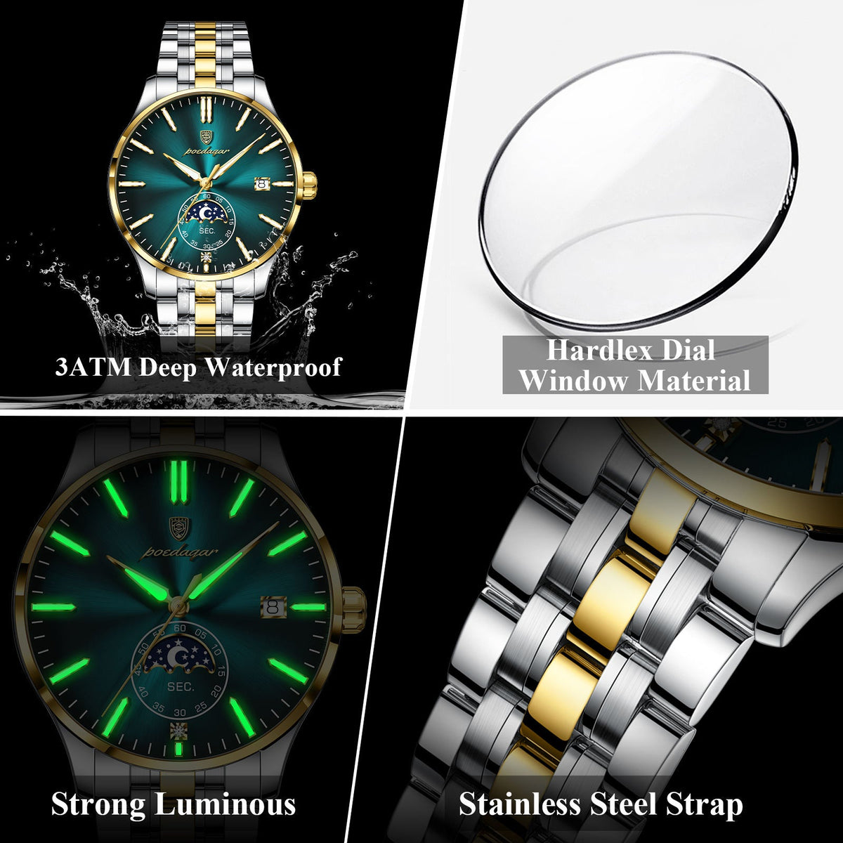 Poedagar Luxury Moon Phase Business Mens Watch