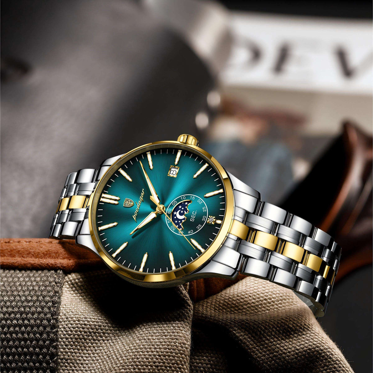 Poedagar Luxury Moon Phase Business Mens Watch