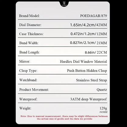 POEDAGAR Sports Series Stainless Steel Mens's Watch