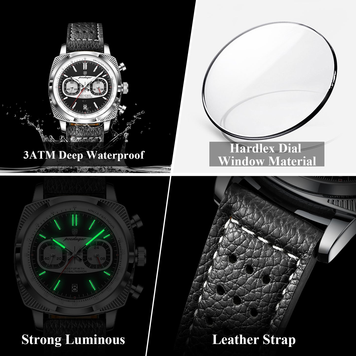 Poedagar Leather Strap Chronograph Men Watch