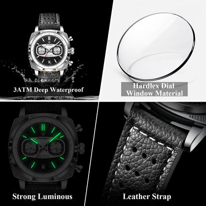 Poedagar Leather Strap Chronograph Men Watch